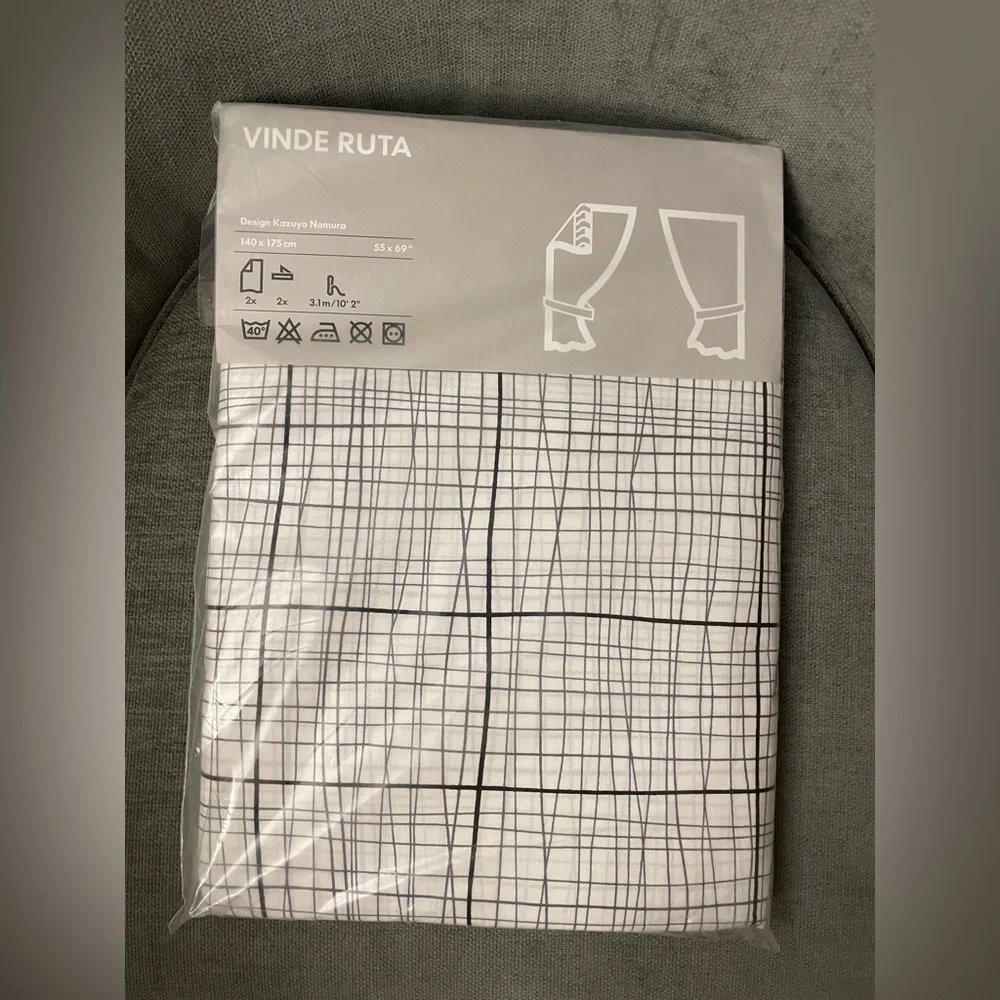 NEW IKEA VINDE RUTA Window Curtain 2 Panels - White with Black and grey Grid